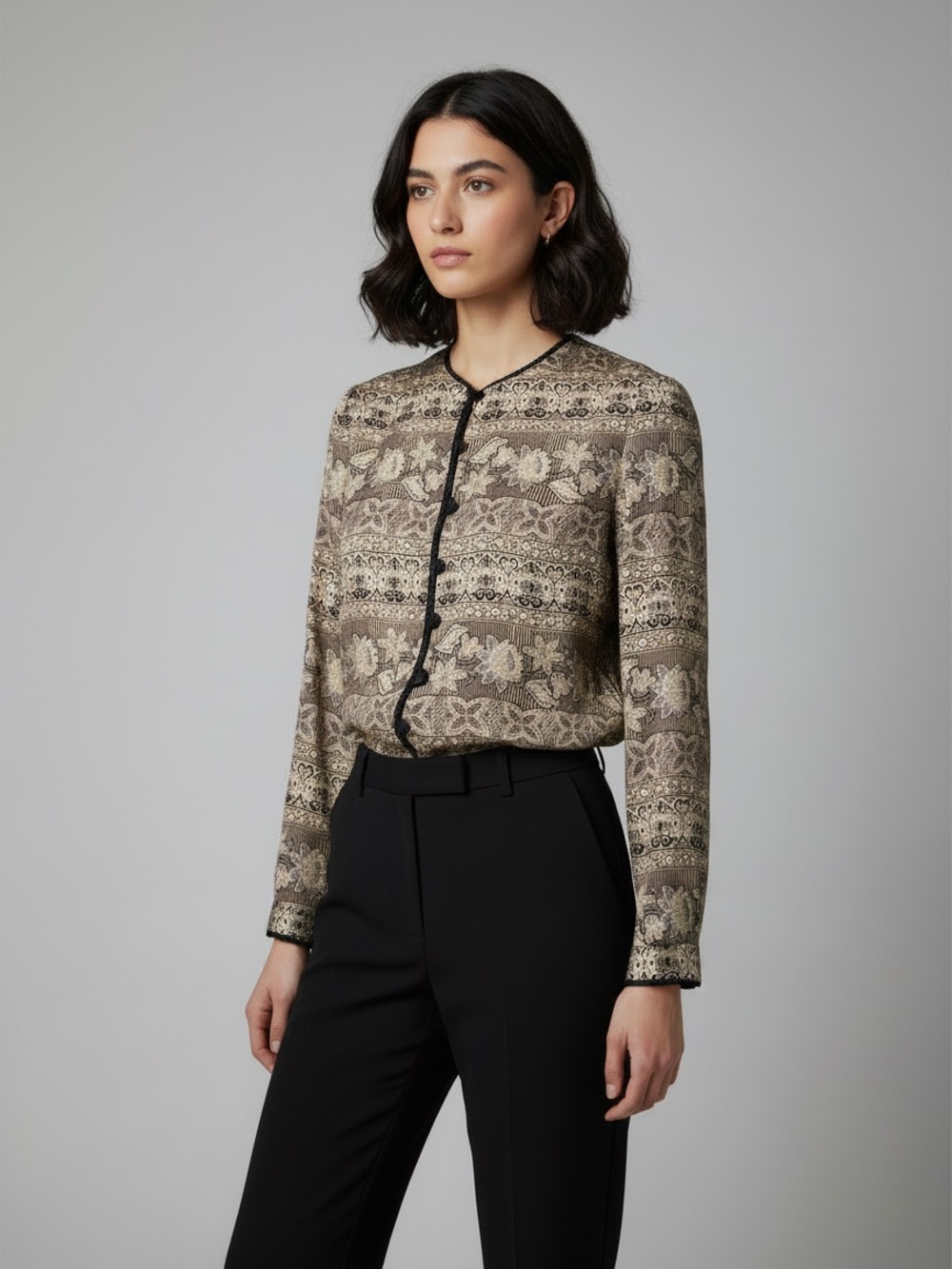 Adrianna Papell Black and Cream Patterned Silk Jacket